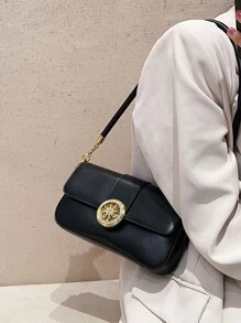 Rhinestone Decor Chain Flap Bag - Black - View 7