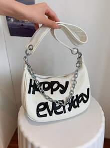 Bolso hobo con diseño de parche de letra con diseño de cadena - Blanco - Ver 1