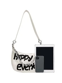 Bolso hobo con diseño de parche de letra con diseño de cadena - Blanco - Ver 4