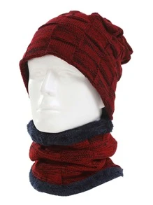 Anyfashion Sun Protective Anti UV 1pc Marled Sports Beanie & 1pc Plush Lined Infinity Scarf - Burgundy - View 1