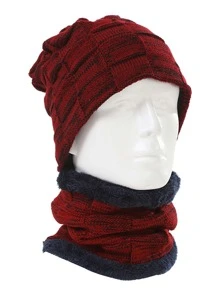 Anyfashion Sun Protective Anti UV 1pc Marled Sports Beanie & 1pc Plush Lined Infinity Scarf - Burgundy - View 2