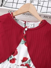 Girls Floral Print Dress & Button Front Jacket - Red and White - View 3