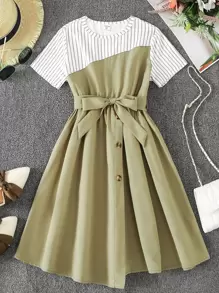 SHEIN Chicas Vestido con cinturón panel de rayas - Multicolor - Ver 1