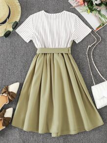 SHEIN Chicas Vestido con cinturón panel de rayas - Multicolor - Ver 2
