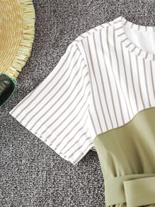 SHEIN Chicas Vestido con cinturón panel de rayas - Multicolor - Ver 5