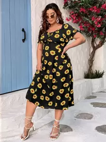 Breezaya Plus Floral Print Knot Front Dress - Multicolor - View 1