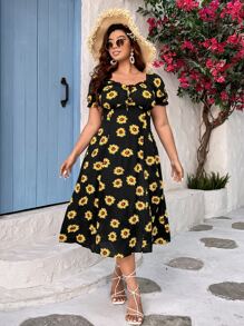 Breezaya Plus Floral Print Knot Front Dress - Multicolor - View 3