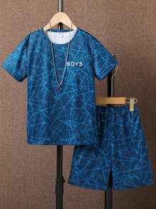 SHEIN Tween Boy Geo & Letter Graphic Tee & Shorts - Blue - View 2