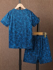 SHEIN Tween Boy Geo & Letter Graphic Tee & Shorts - Blue - View 3