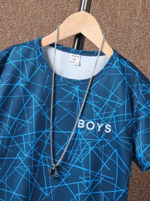 SHEIN Tween Boy Geo & Letter Graphic Tee & Shorts - Blue - View 6