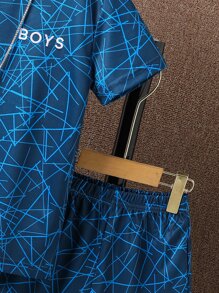 SHEIN Tween Boy Geo & Letter Graphic Tee & Shorts - Blue - View 4