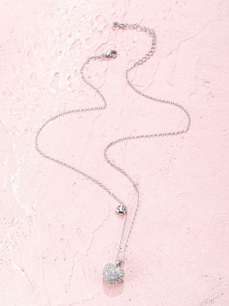 Rhinestone Heart Charm Necklace - Silver - View 1