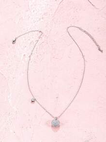 Rhinestone Heart Charm Necklace - Silver - View 2