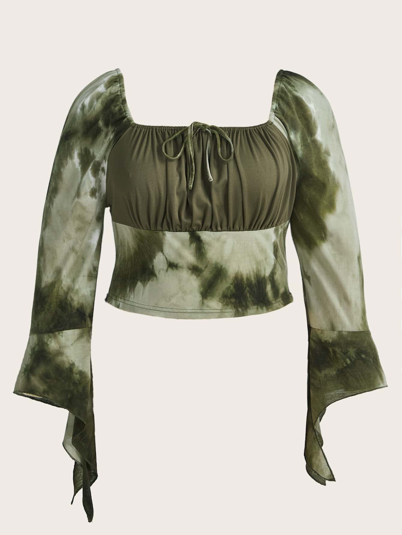 PUNK Camiseta crop de tie dye con nudo delantero de manga con volante - Verde militar - Ver 1