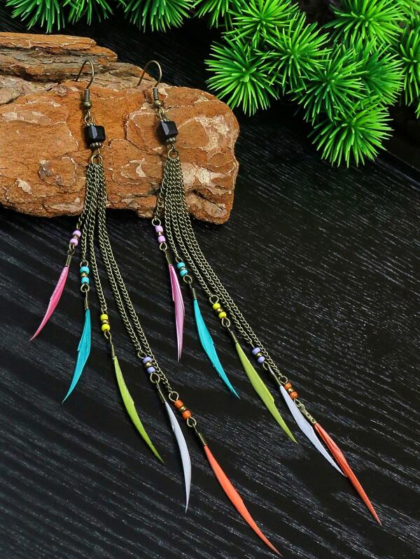 Pendientes largos con diseño de pluma con cadena con fleco Moda de
