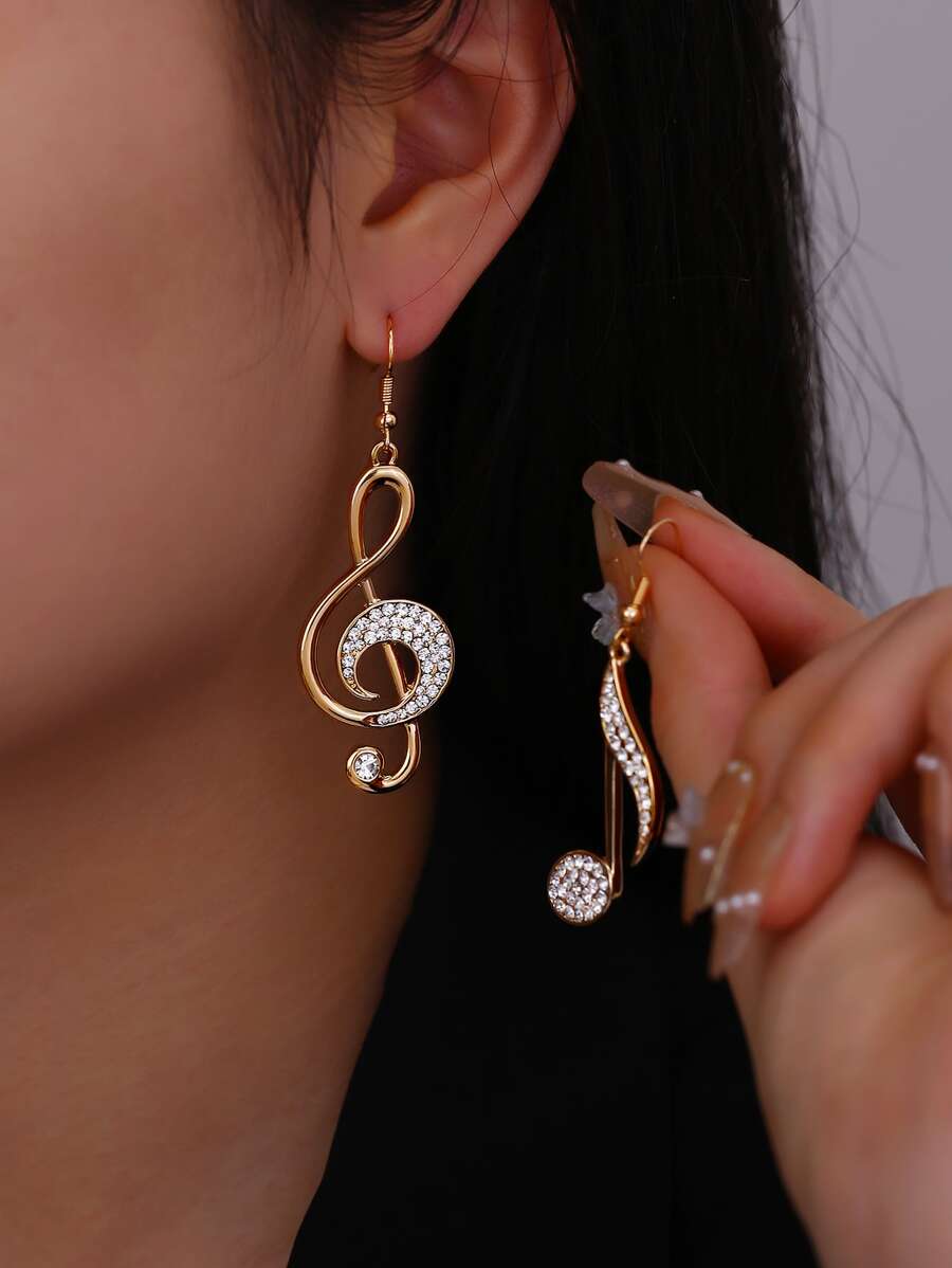 水鑽裝飾音符圖案耳墜 - 金黃色 - 查看 1