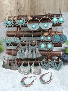 11對/套復古款古銅色抹藍系列套裝圓形鏤空桃形幾何吊墜綠松石點綴U型耳鉤掛混款