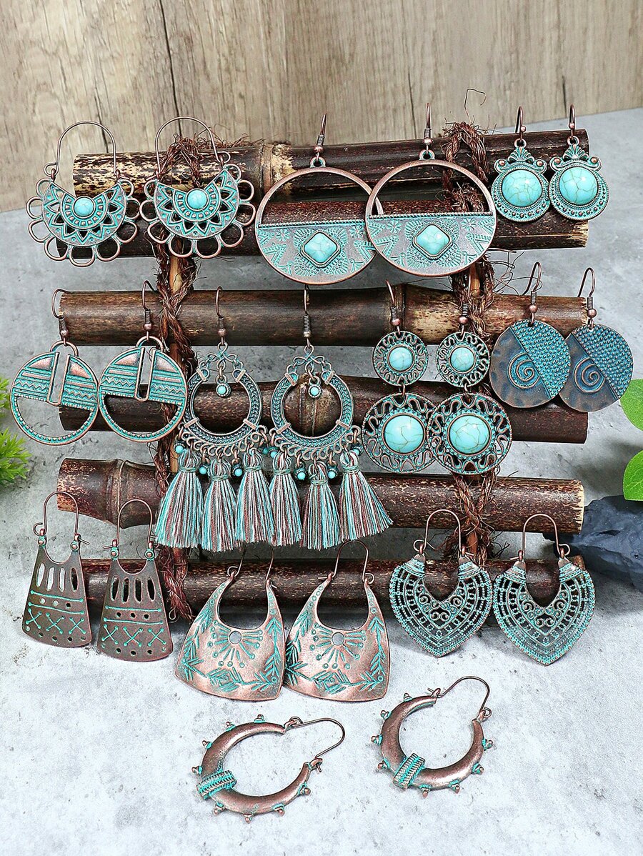 11對/套復古款古銅色抹藍系列套裝圓形鏤空桃形幾何吊墜綠松石點綴U型耳鉤掛混款