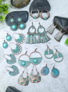 11對/套復古款古銅色抹藍系列套裝圓形鏤空桃形幾何吊墜綠松石點綴U型耳鉤掛混款