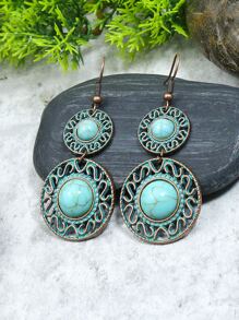 11對/套復古款古銅色抹藍系列套裝圓形鏤空桃形幾何吊墜綠松石點綴U型耳鉤掛混款