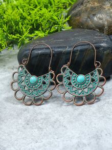 11對/套復古款古銅色抹藍系列套裝圓形鏤空桃形幾何吊墜綠松石點綴U型耳鉤掛混款