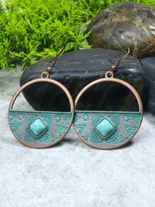 11對/套復古款古銅色抹藍系列套裝圓形鏤空桃形幾何吊墜綠松石點綴U型耳鉤掛混款