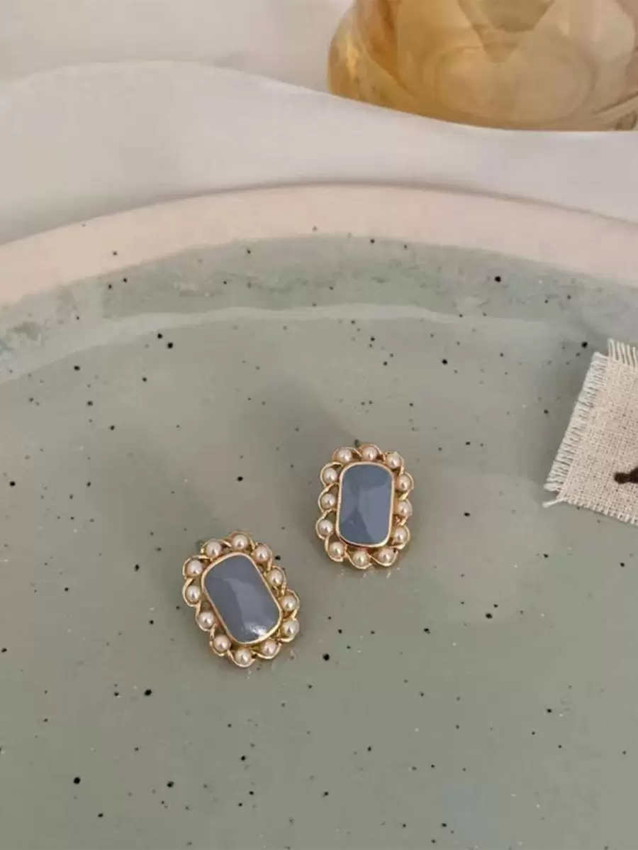 人造珍珠裝飾幾何設計耳釘 - 彩色 - 查看 1