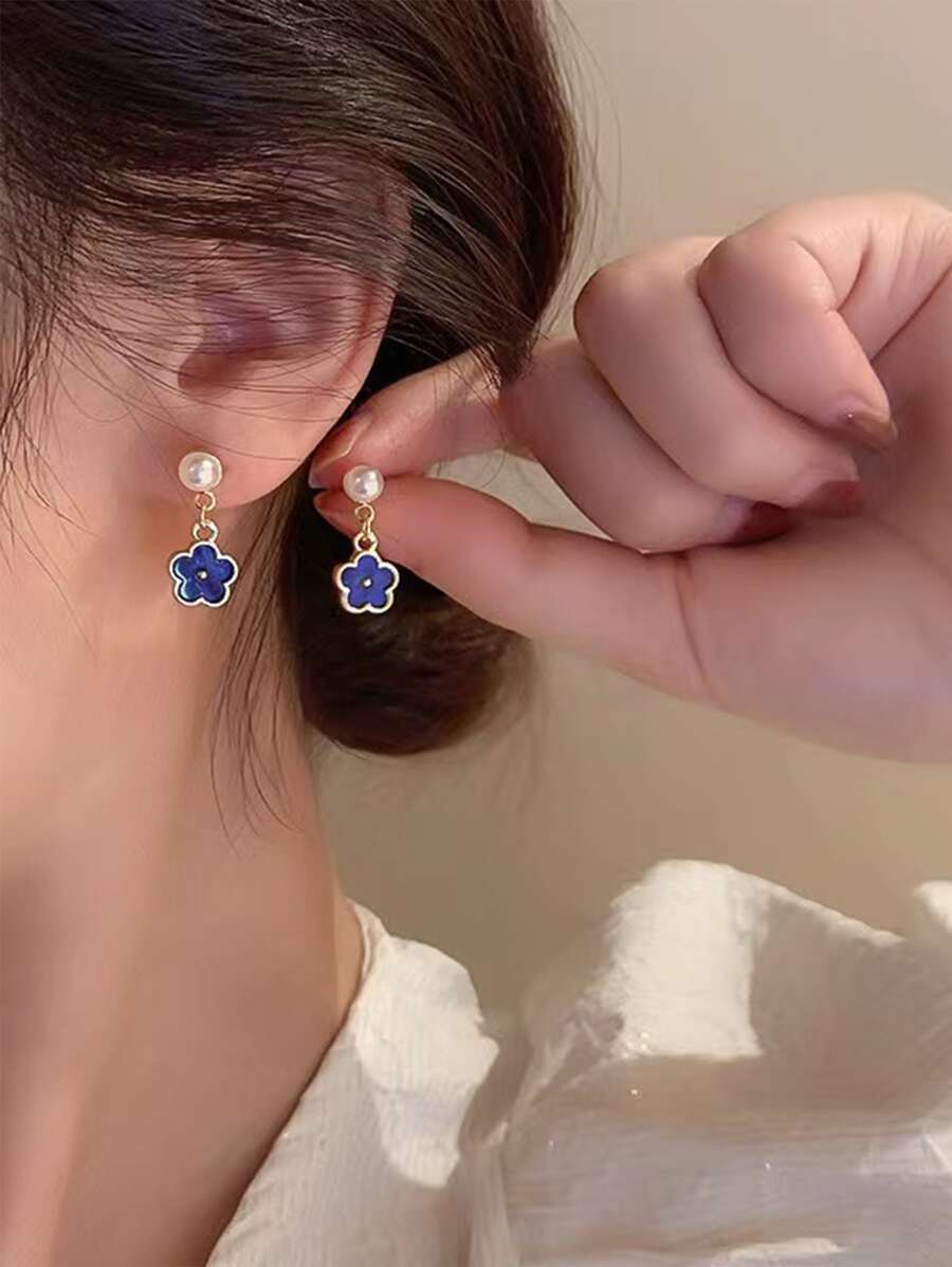 花朵和仿珍珠裝飾吊墜耳環 - 彩色 - 查看 1