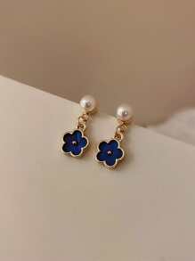 花朵和仿珍珠裝飾吊墜耳環 - 彩色 - 查看 2