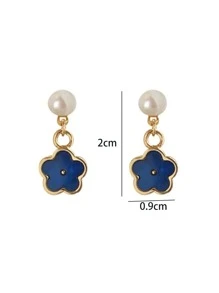花朵和仿珍珠裝飾吊墜耳環 - 彩色 - 查看 3