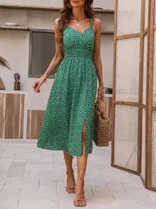 Breezaya Ditsy Floral Print Split Thigh Cami Dress - Green - View 3