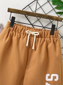 Boys Letter Graphic Drawstring Waist Shorts - Camel - View 4