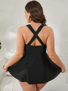 Plus Fishnet Panel Tankini Set Criss Cross Back Swim Dress & High Waisted Bottom 2 Piece Bathing Suit - Black - View 2