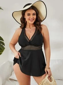 Plus Fishnet Panel Tankini Set Criss Cross Back Swim Dress & High Waisted Bottom 2 Piece Bathing Suit - Black - View 5