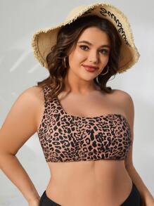 SHEIN Swim Curve Plus One Shoulder Leopard Bikini Top - Multicolor - View 1