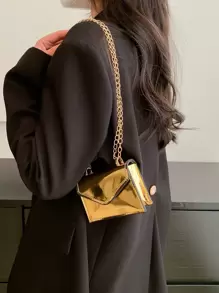 Mini Metallic Letter Graphic Flap Chain Square Bag, Funky, Punk & Bag For Street Wear , Goth - Gold - View 7