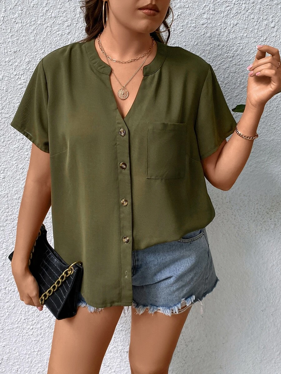 SHEIN LUNE Plus Notch Neck Patched Pocket Blouse - Army Green - View 1