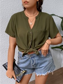 SHEIN LUNE Plus Notch Neck Patched Pocket Blouse - Army Green - View 6