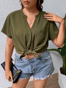 SHEIN LUNE Plus Notch Neck Patched Pocket Blouse - Army Green - View 7