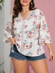 SHEIN VCAY Plus Floral Print Guipure Lace Insert Blouse - Multicolor - View 4