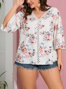 SHEIN VCAY Plus Floral Print Guipure Lace Insert Blouse - Multicolor - View 5