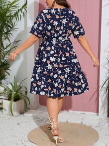 SHEIN VCAY 大碼印花荷葉邊連衣裙 - 藏蓝色 - 查看 2