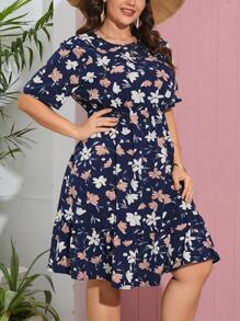 SHEIN VCAY 大碼印花荷葉邊連衣裙 - 藏蓝色 - 查看 5