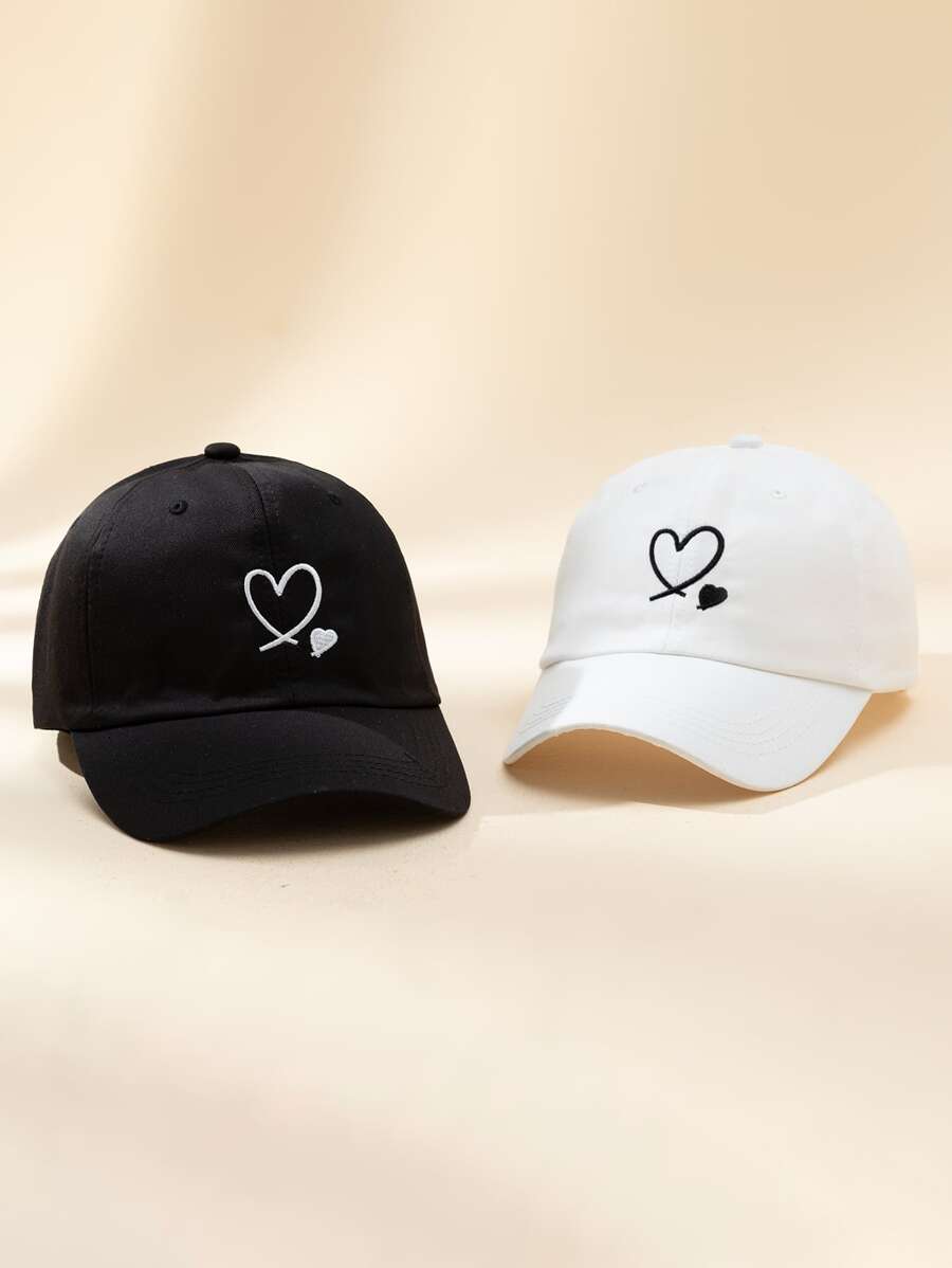 Cute 2pcs Couple'S Double Heart Embroidered Y2k Style Sun-Proof Breathable Baseball Caps, Unisex, Spring And Autumn, Romantic Gift For Valentine'S Day And Outdoor Sun Protection - Black and White - View 1