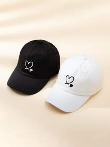 Cute 2pcs Couple'S Double Heart Embroidered Y2k Style Sun-Proof Breathable Baseball Caps, Unisex, Spring And Autumn, Romantic Gift For Valentine'S Day And Outdoor Sun Protection - Black and White - View 2