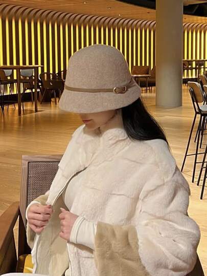 1pc Women's Vintage Elegant Wool Blend Knitted Bucket Hat With Leather Belt Buckle, Suitable For Daily Wear, Gatherings, Gift For Girlfriend, Christmas