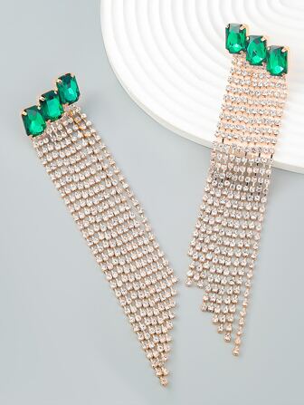 Pendientes largos con diamante de imitación con fleco