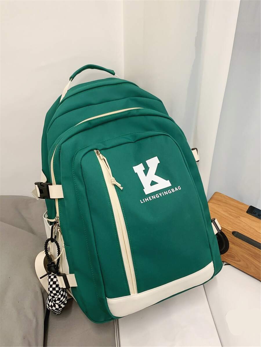 Letter Graphic Functional Backpack With Bag Charm - Green - View 1