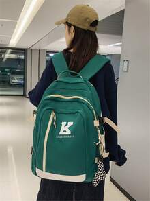 Letter Graphic Functional Backpack With Bag Charm - Green - View 3