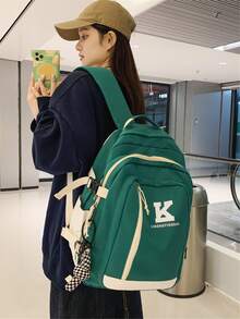 Letter Graphic Functional Backpack With Bag Charm - Green - View 10